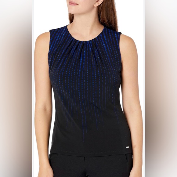 Calvin Klein Tops - Calvin Klein Womens Black and Blue Spotted Patterned Business Casual Blouse | 1X